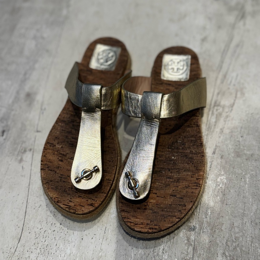 Tory Burch Gold Metallic Cork Toe-Post Sandals